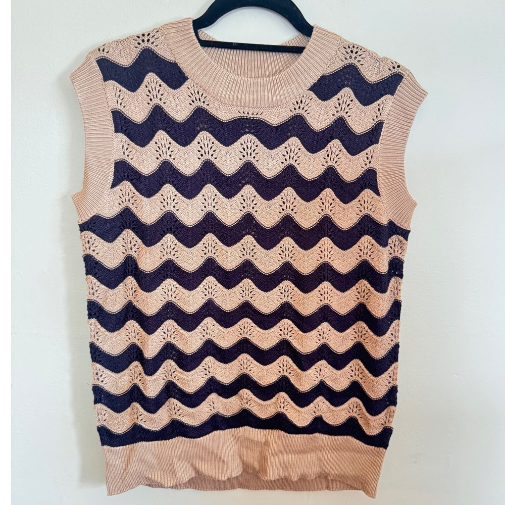 Wavy Chevron Pointelle Knit Sweater Vest Navy Tan Sleeveless Crew Neck M NWOT
